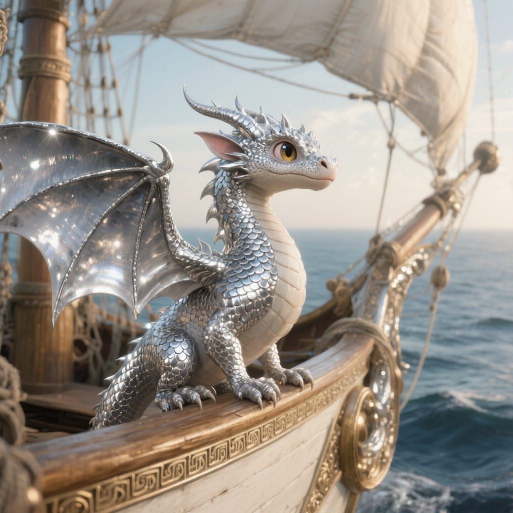 Winged Silver Dragon on Ancient Greek Ship