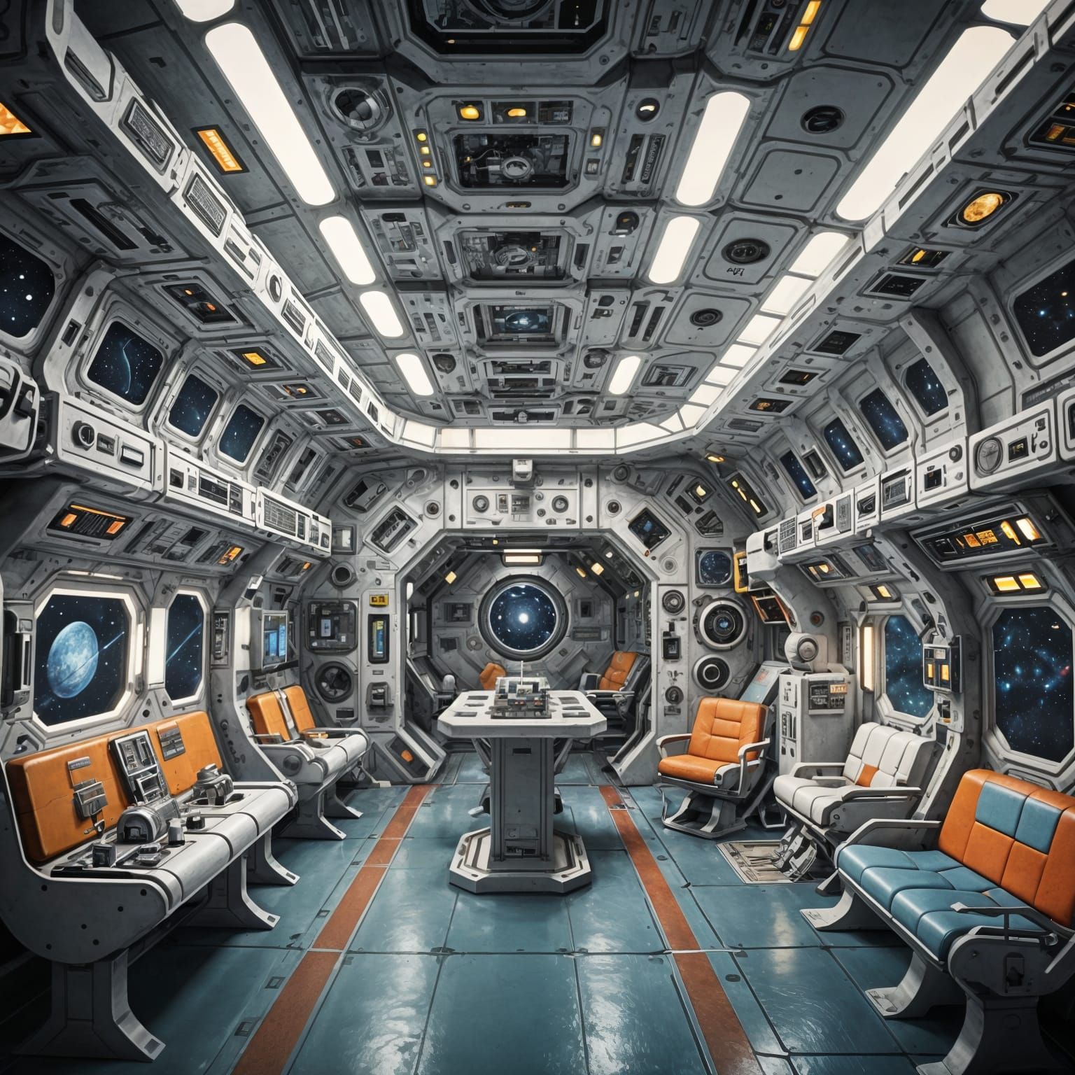 Retro futurism space station interior