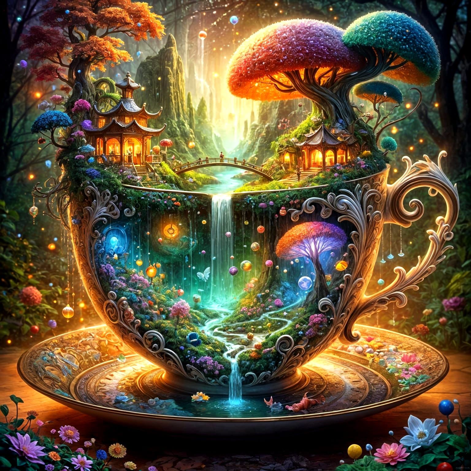 Whimsical Teacup Wonderland in Surreal, Bioluminescent Beaut...
