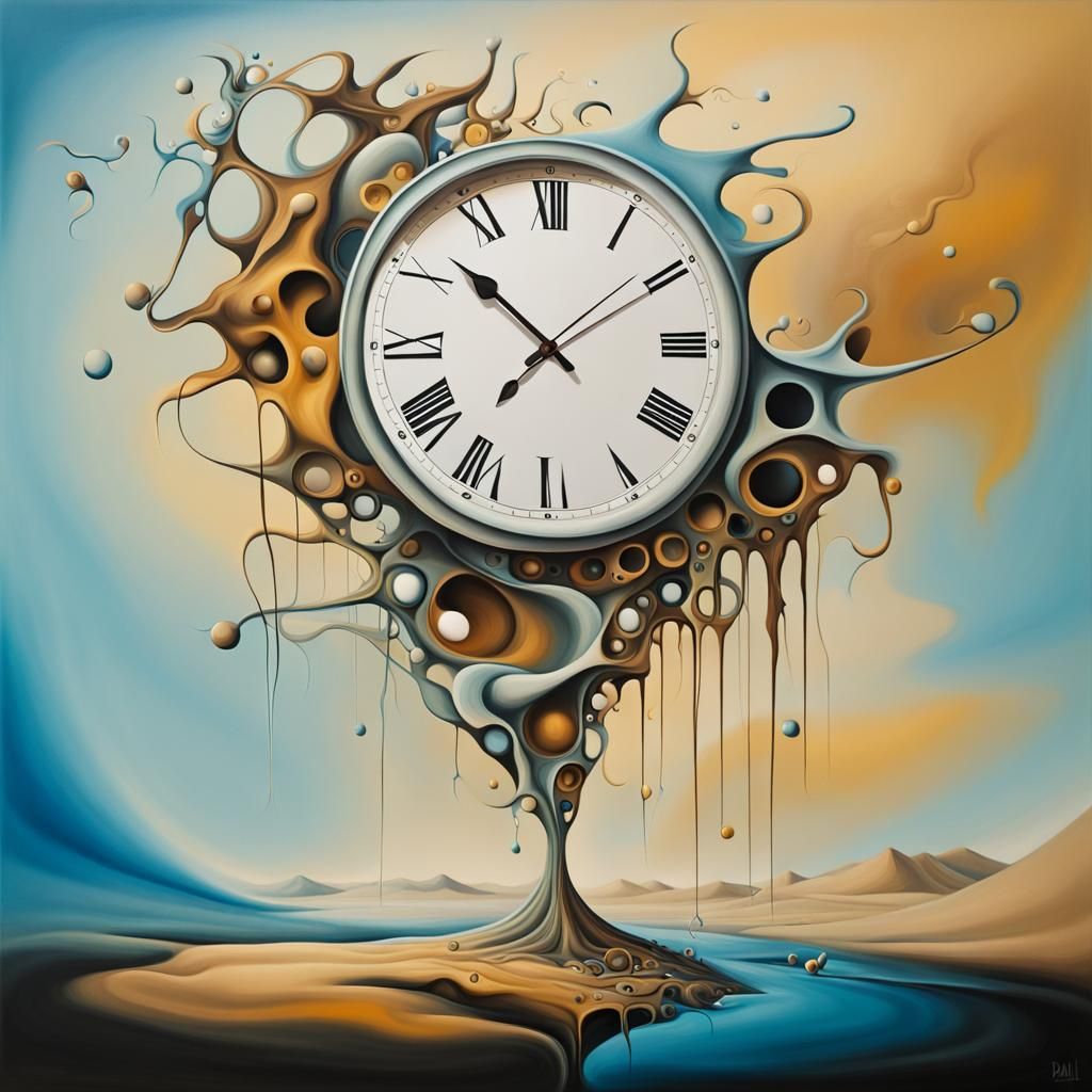 an abstract representation of the concept of 'time' using a blend of chaotic and harmonious elements. in the style of Hu...