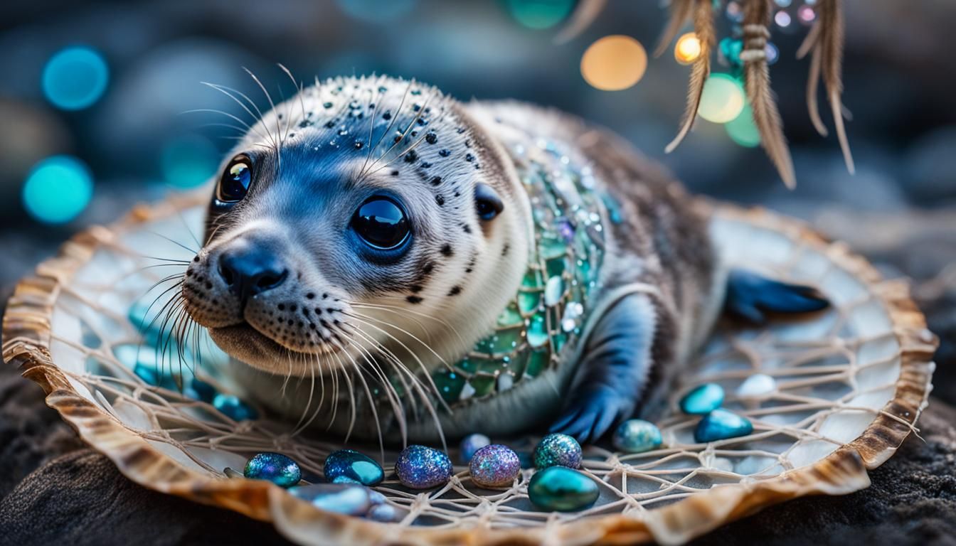 Seal Pup in Abalone Shell: Hyperrealistic Macro Photography
