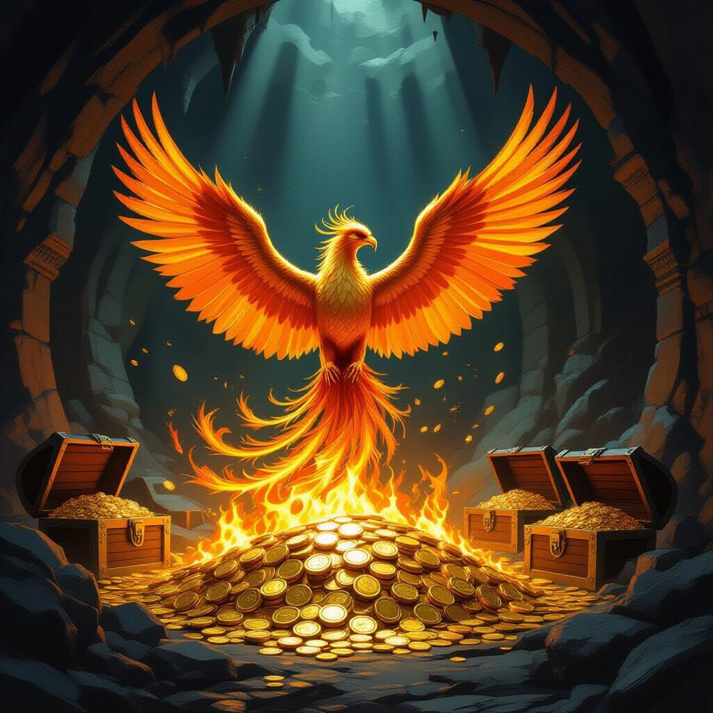 Majestic Phoenix Rises from Burning Gold Coins