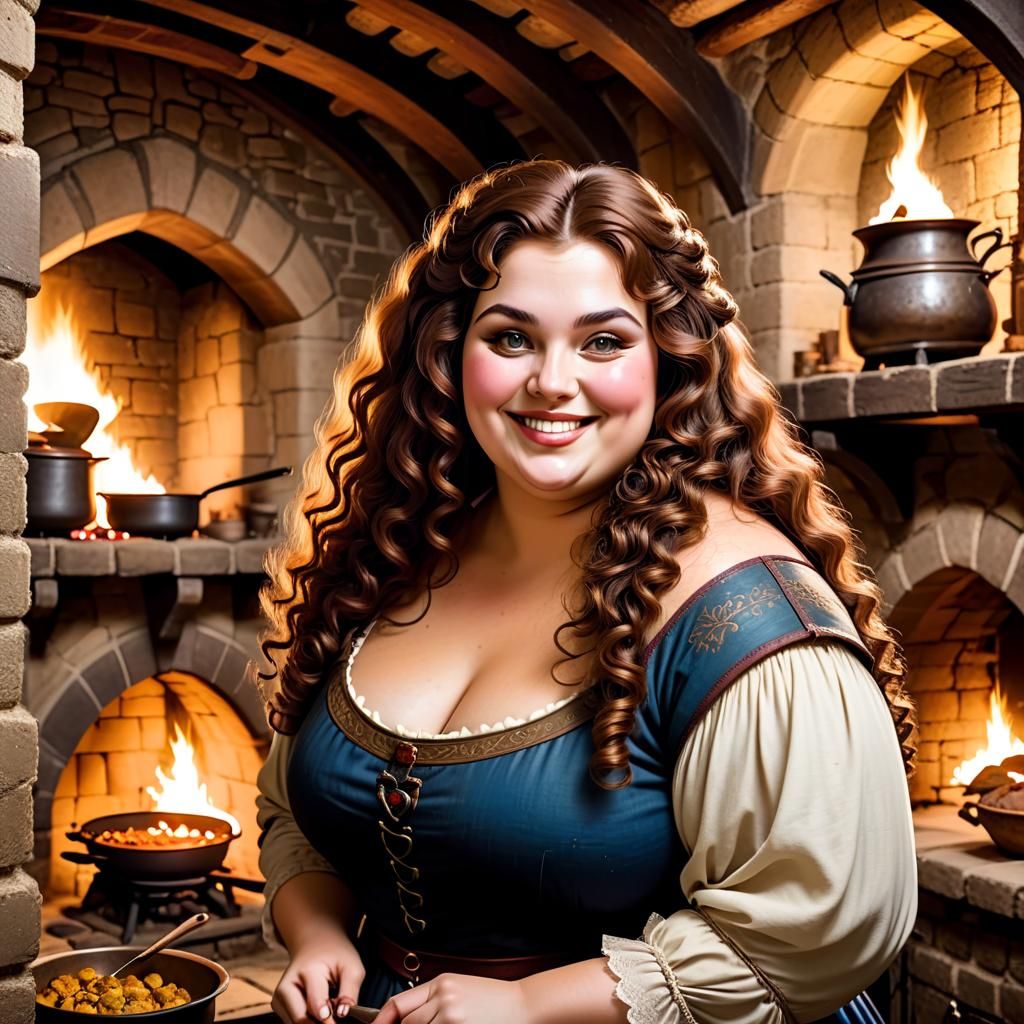 Medieval Woman Cooking in Castle Basement