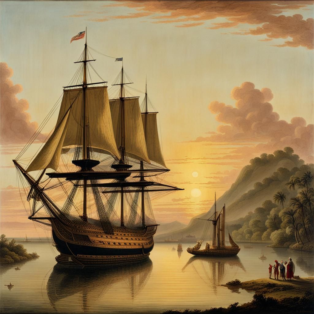 The Endeavour at Sunset in a Pacific Harbor