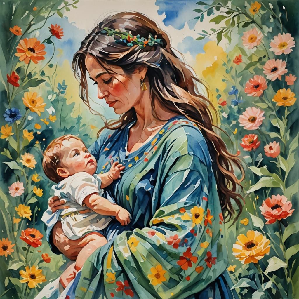 Motherhood in Gouache and Watercolor Style