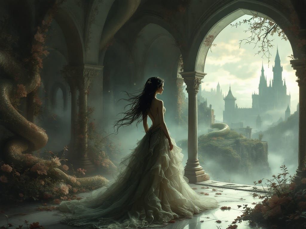 Princess Contemplates Mystical Realm in Elegant Castle