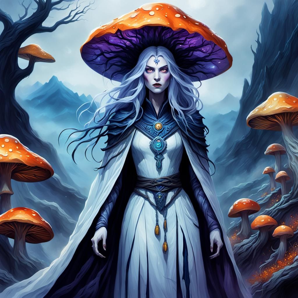 Eerie White Witch on Misty Blue Mountain