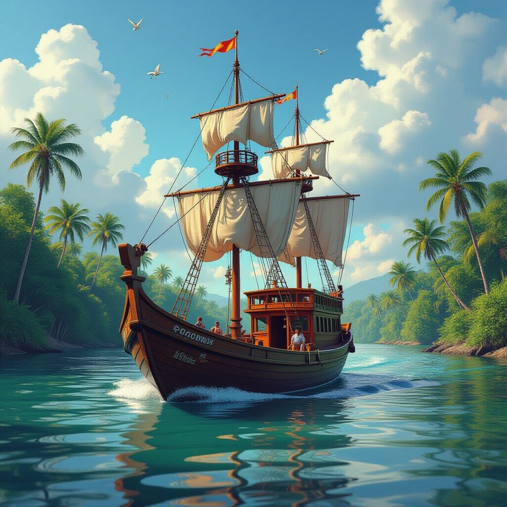 Ornate Bucintoro Sailing Amazon River in Dreamlike Style