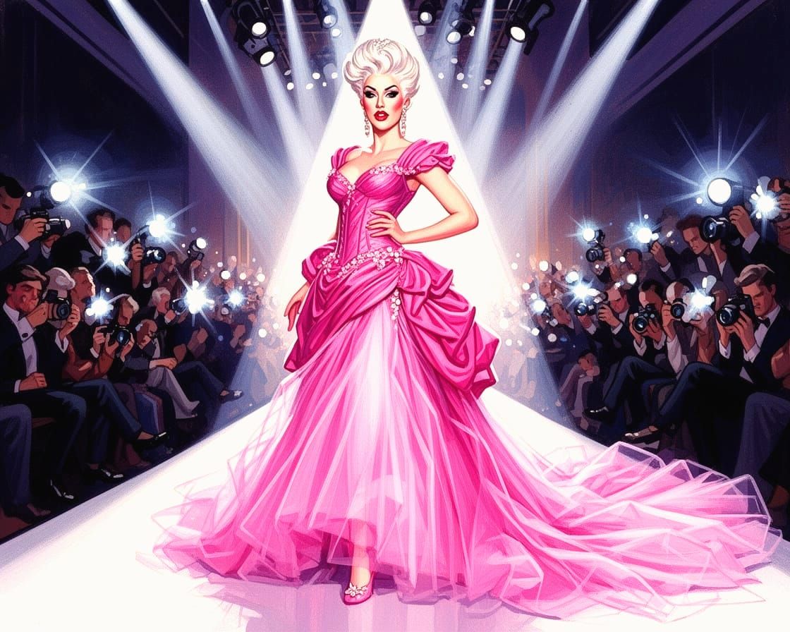 Glamorous Drag Queen Struts Down Pink Tulle Runway