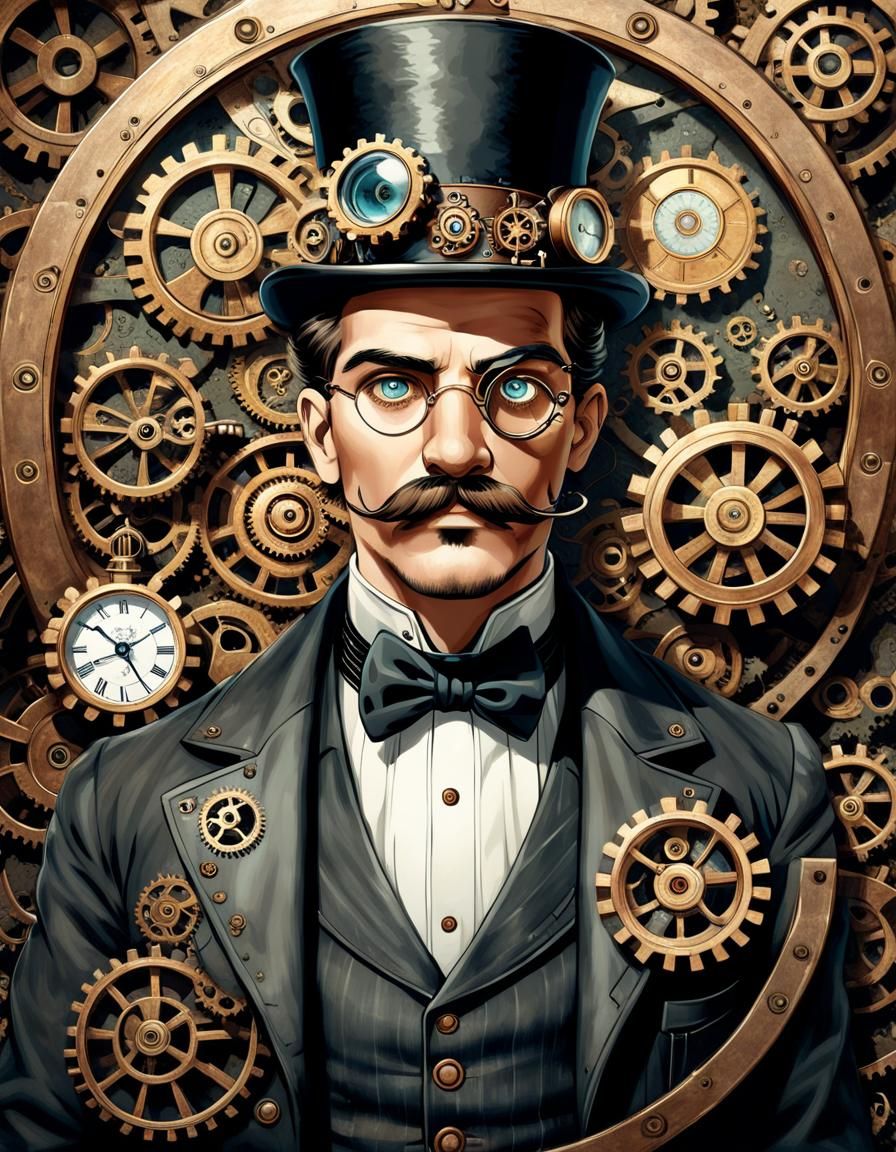 Steampunk Man Portrait with Gears and Monocle
