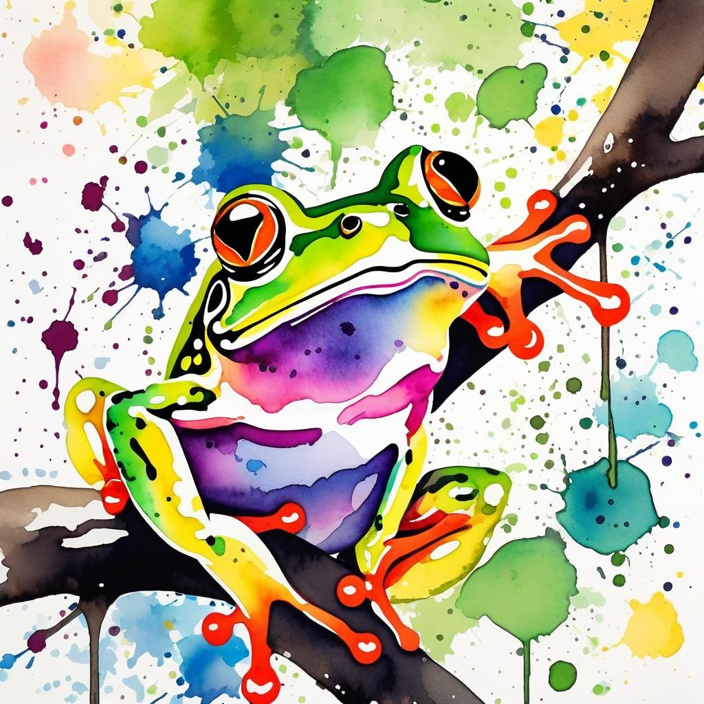 Minimalist Watercolor Frog in Tree, Cute Style