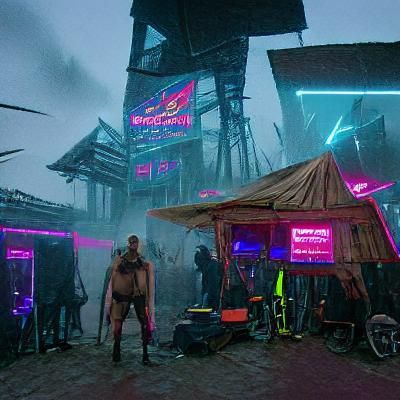 Cyberpunk Barbarian Camp in Neon Style