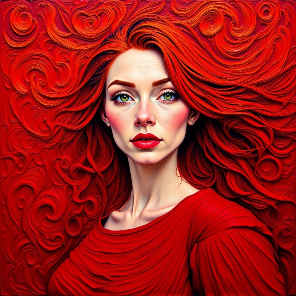 Expressionist Portrait of Fiery Red-Haired Woman in Crimson