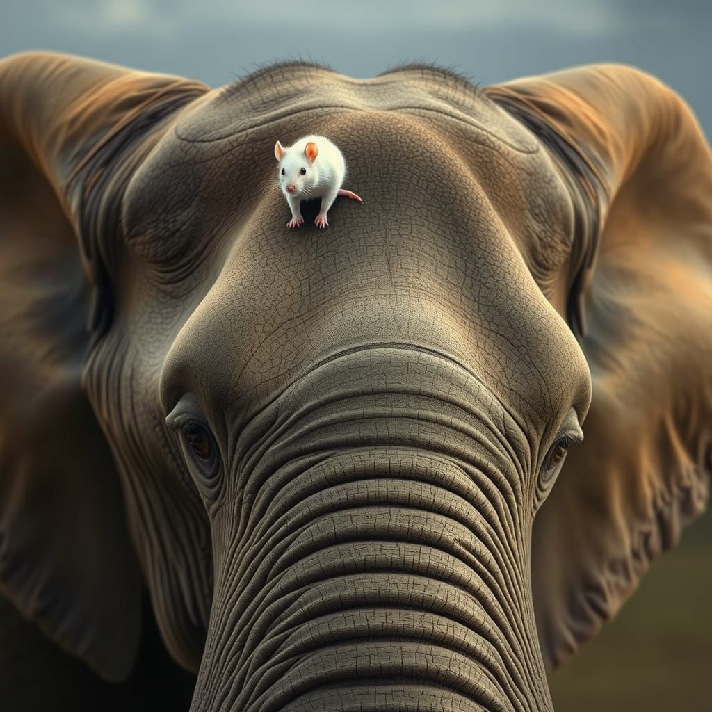 Tiny Mouse on Elephant's Head, Surreal Photorealism