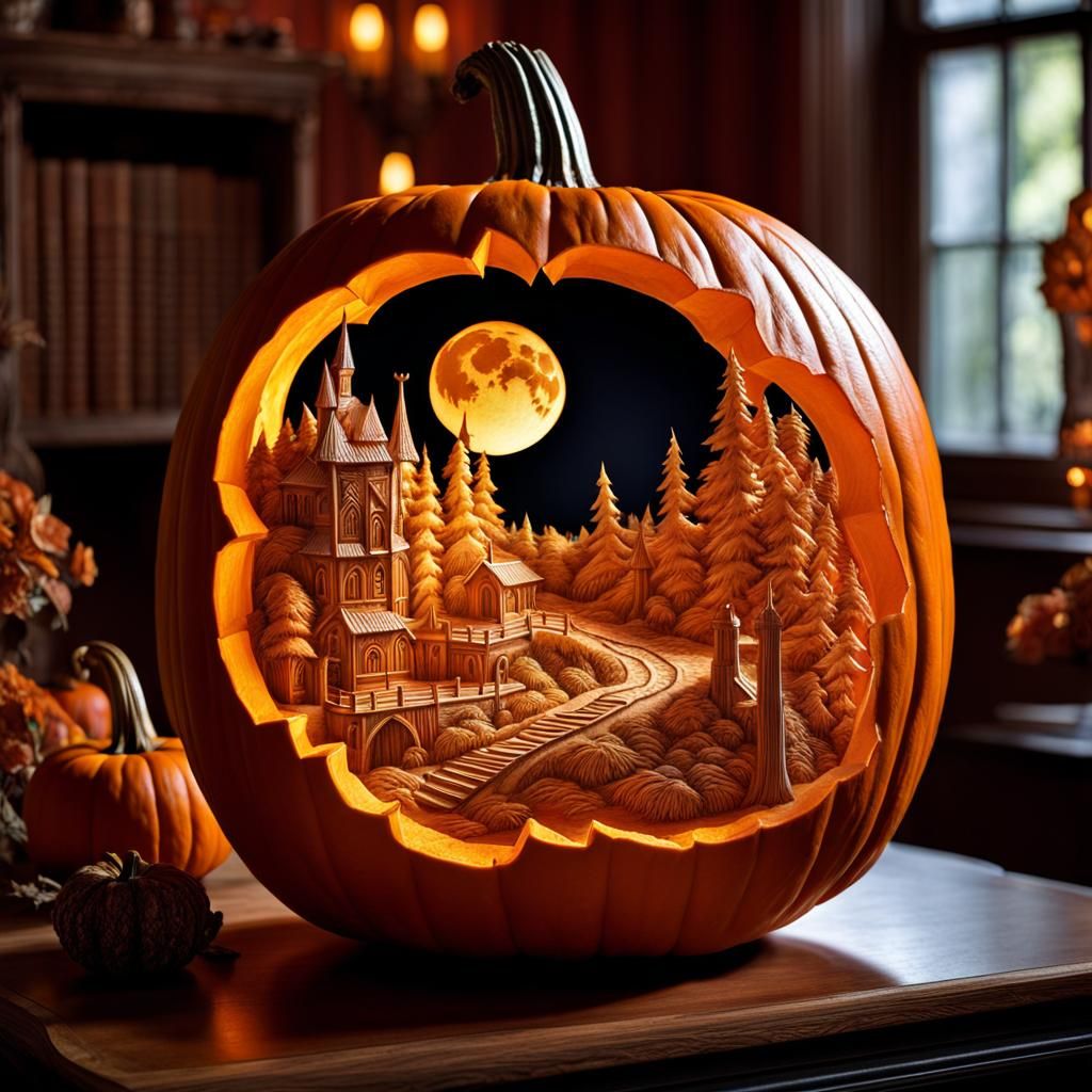 Medieval Fantasy Landscape Carved in Pumpkin