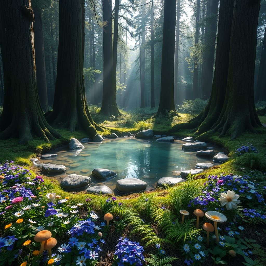 Forest Glade at Dawn, with Gnarled Trees and Crystal Clear S...