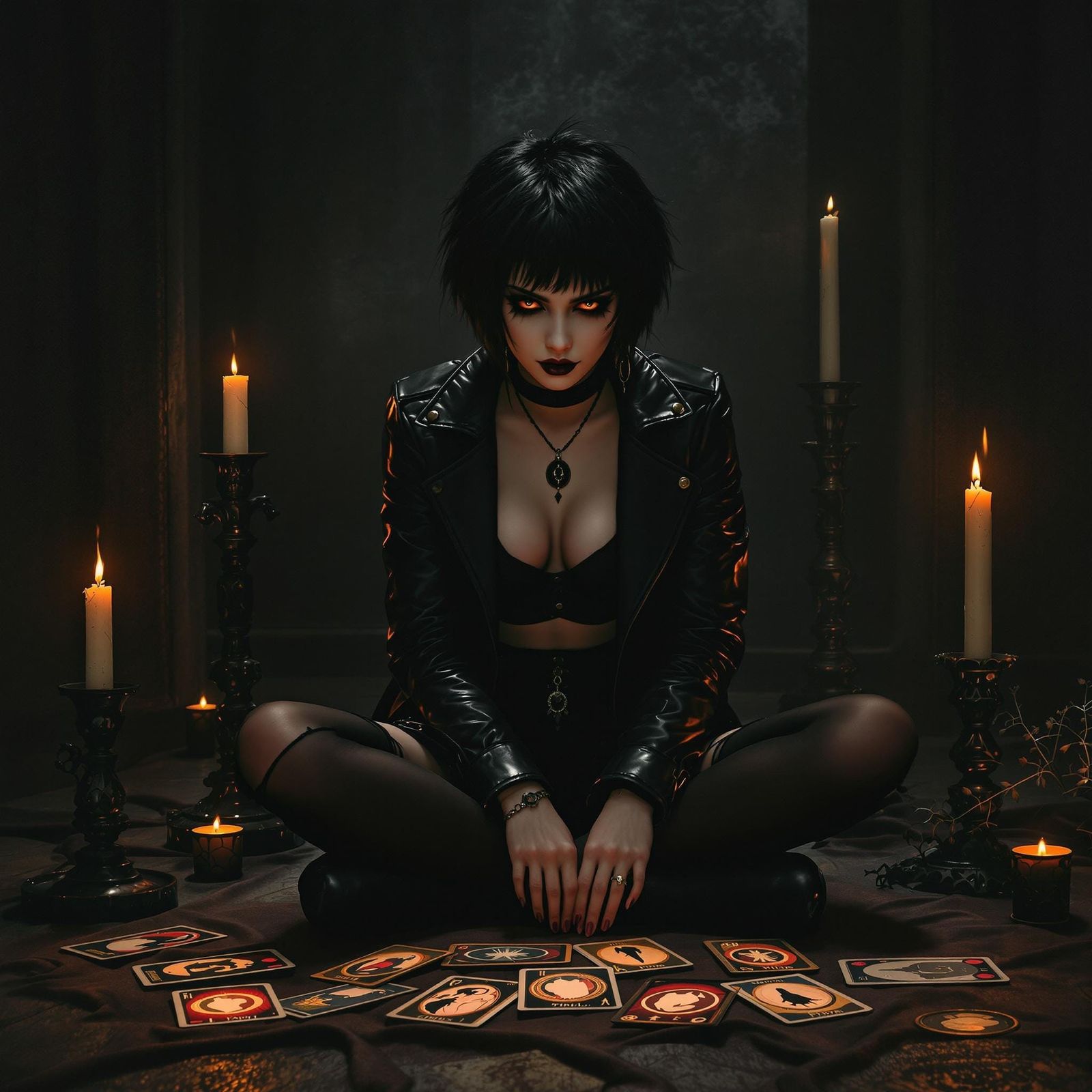 Mysterious Scottish Goth Girl in Candlelit Oracle Card Ritua...