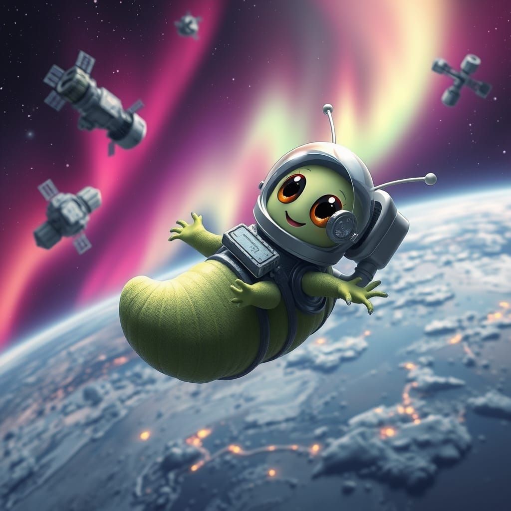 Caterpillar Astronaut Tumbling in Orbit: Digital Art