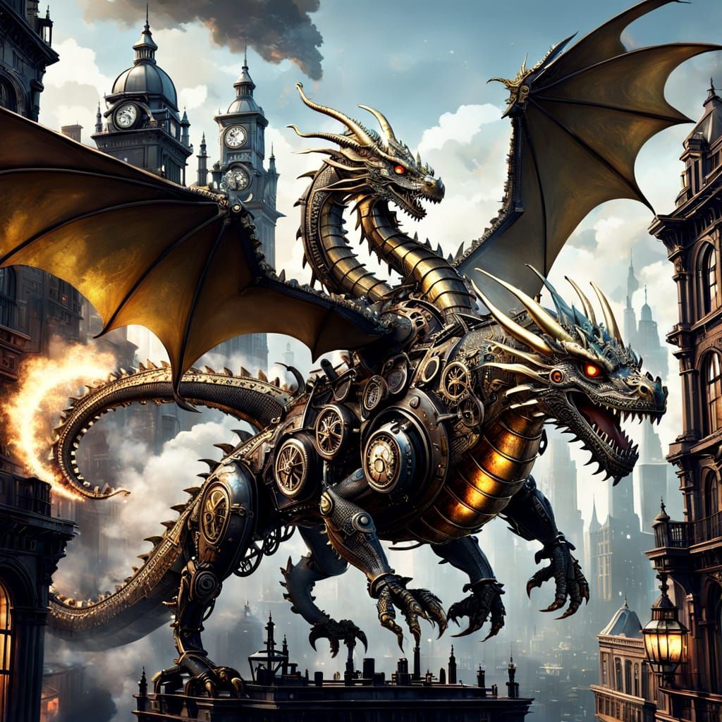 Steampunk Dragon Soaring Over Victorian City