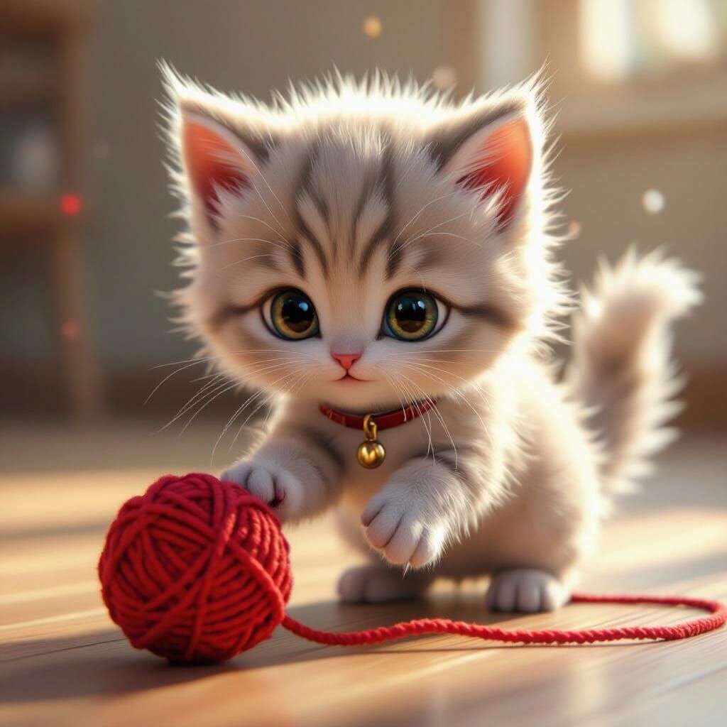 Cute Fluffy Kitten Plays with Yarn Ball in 3D Anime Style