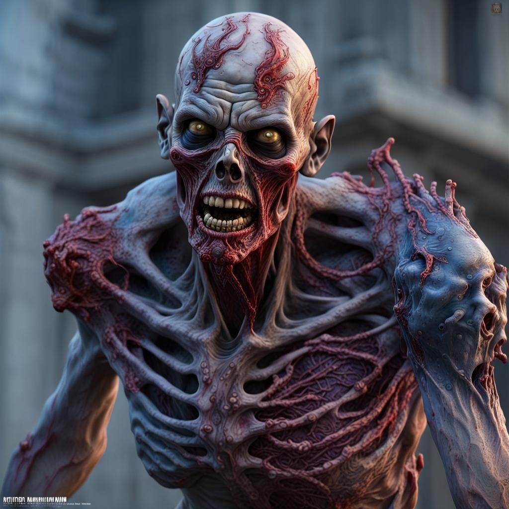 Hyper-Detailed Zombie Male in Crimson and Indigo