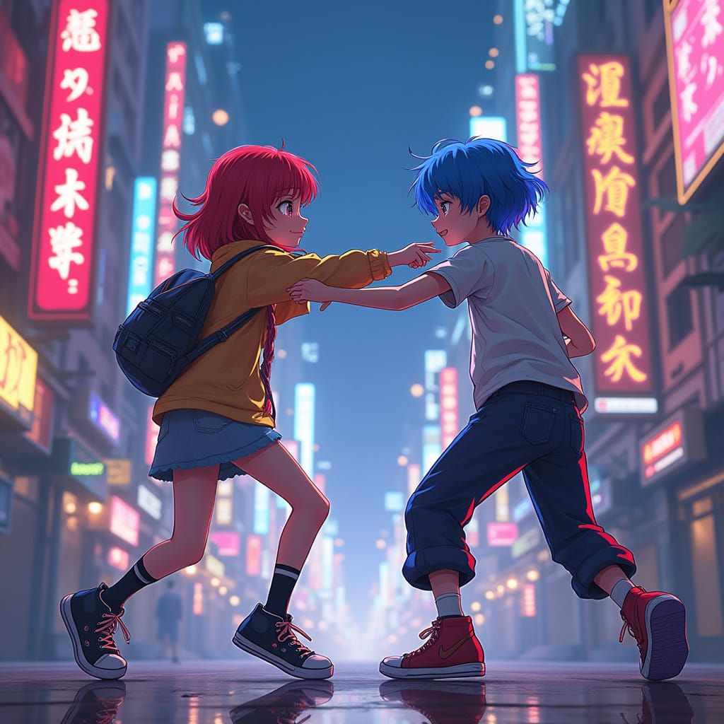 Anime Teens Clash in Neon Cyberpunk Cityscape