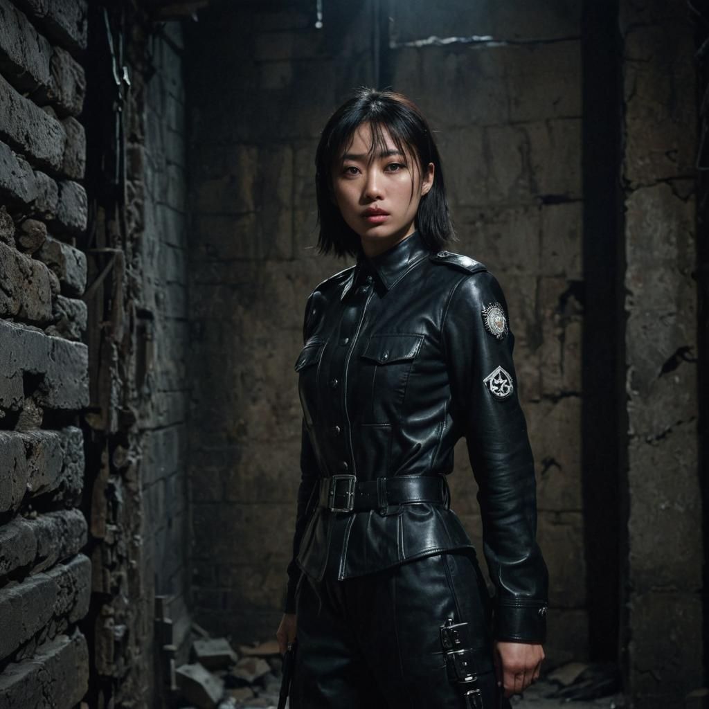 A full-body photography of a Chiaki Kuriyama, stern face, dressed in a tight dark leather German SS military uniform, wi...
