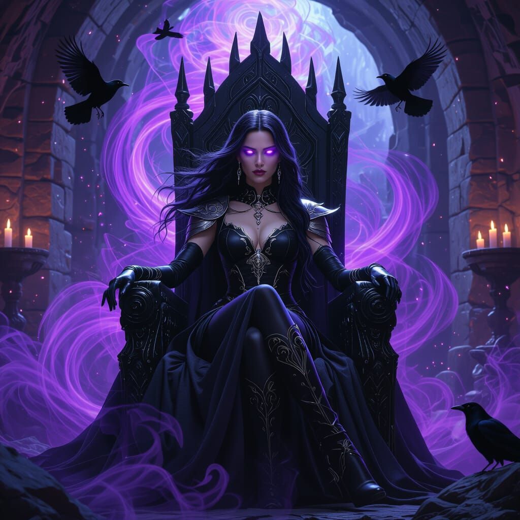 Mystical Woman on Obsidian Throne in Dark Fantasy Style