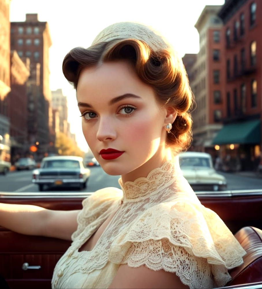 Victorian Woman in Classic Car, Pin-Up Style