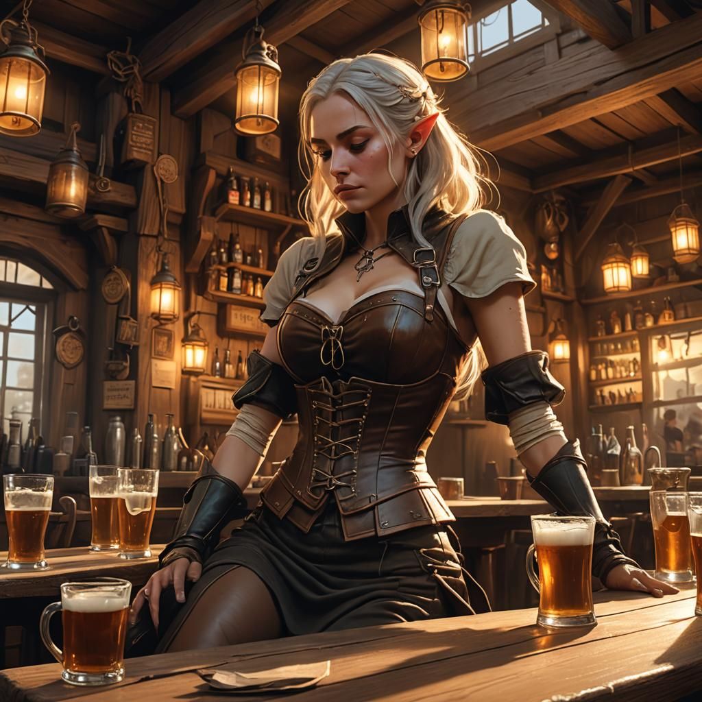 Elven Woman Asleep in Tavern: Fantasy Matte Painting