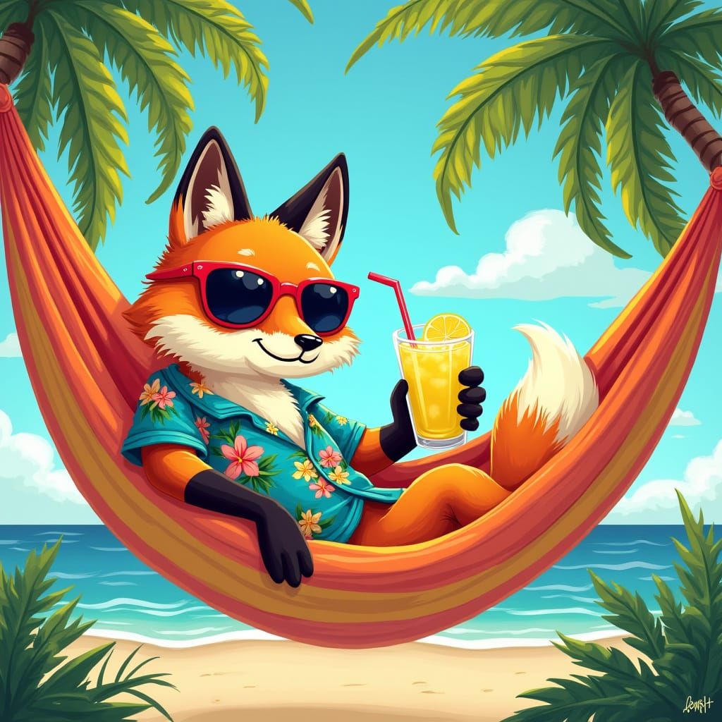 Fox in Hammock with Lemonade: Whimsical Summer Art