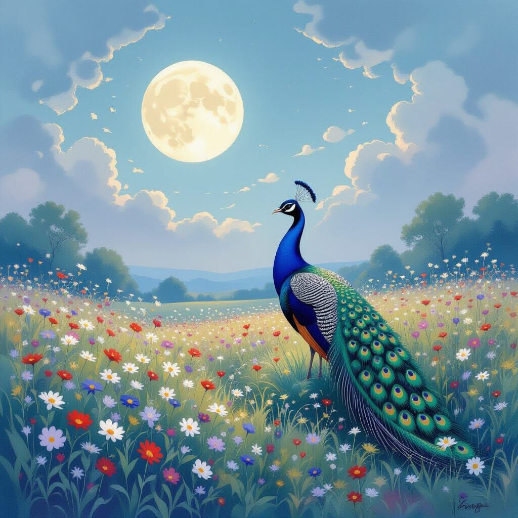 Peacock in Moonlit Wildflower Field, Luminism Style