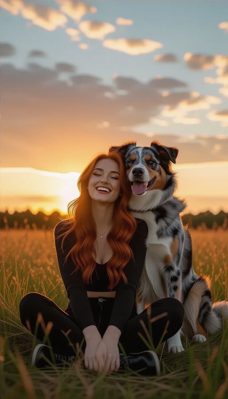 Red-Haired Woman With Cattle Dog at Sunset