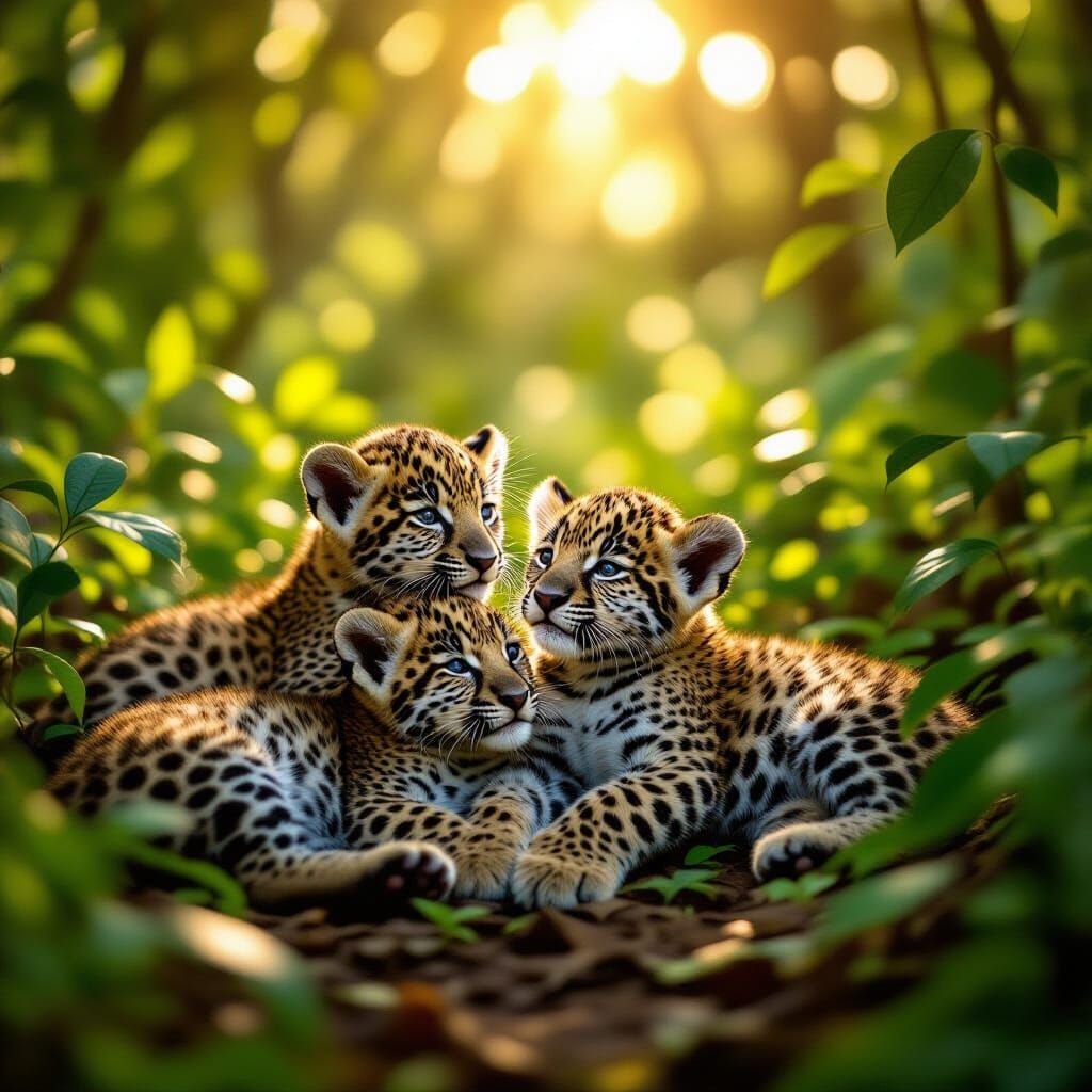 Playful Jaguar Cubs in Sun-Dappled Rainforest