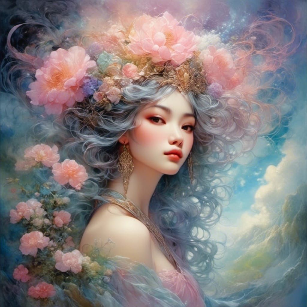 Dream Flower with Abstract Cloudscape in Pastel Art