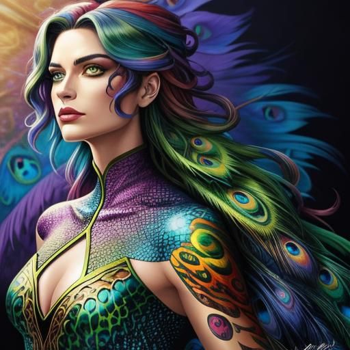Woman with Dragon Scales and Peacock Hair