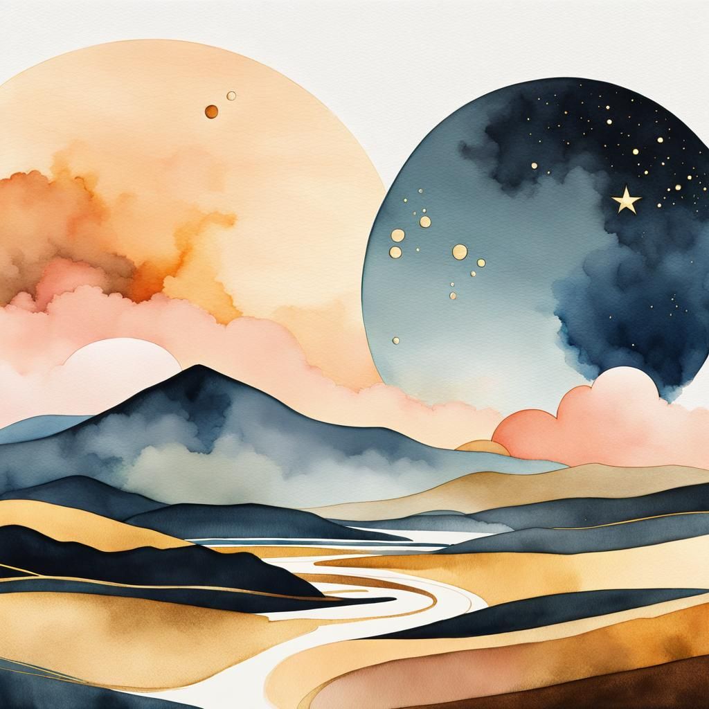 Abstract Celestial Landscape in Art Deco Style