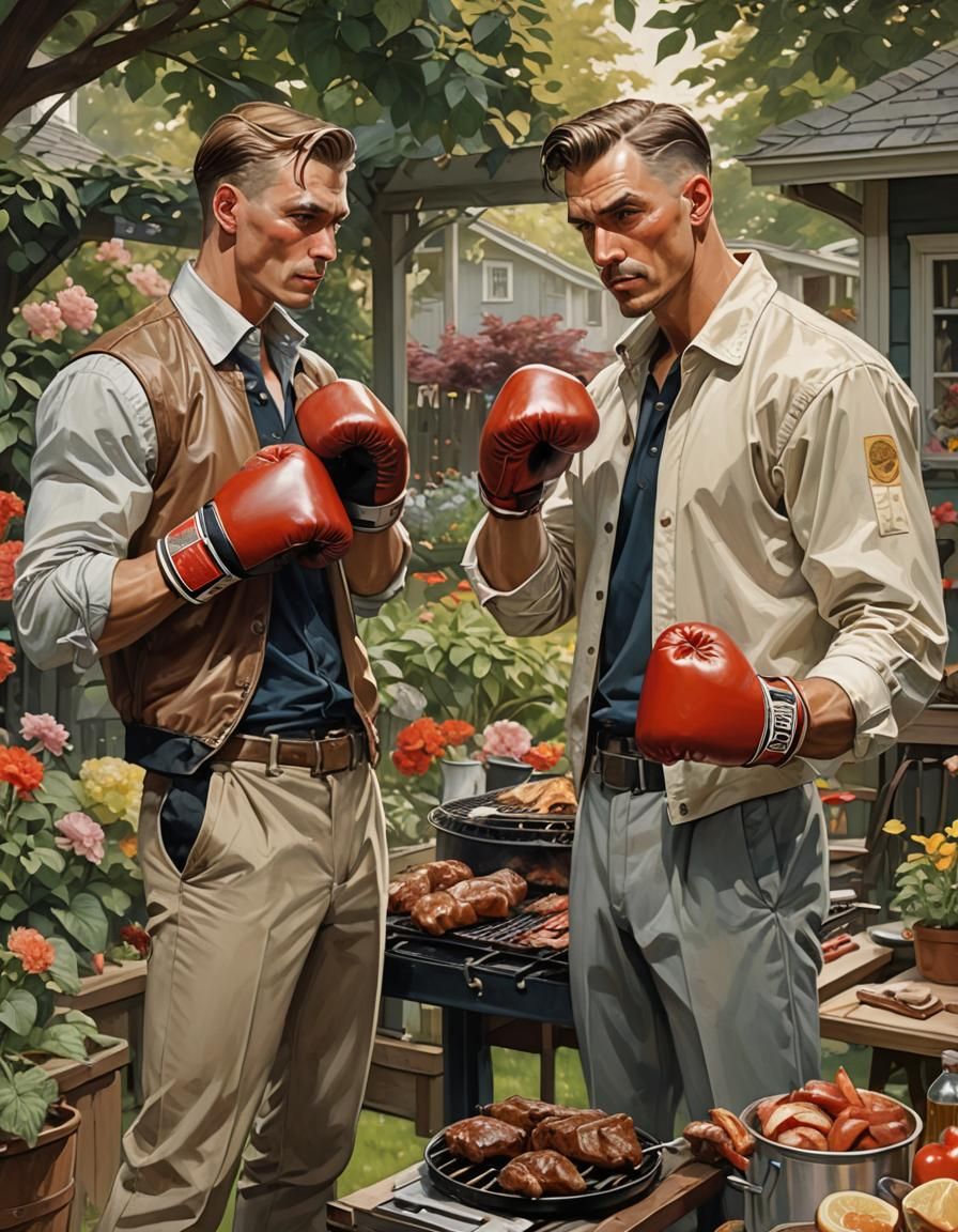 Backyard Boxing BBQ in Golden Age Illustration Style