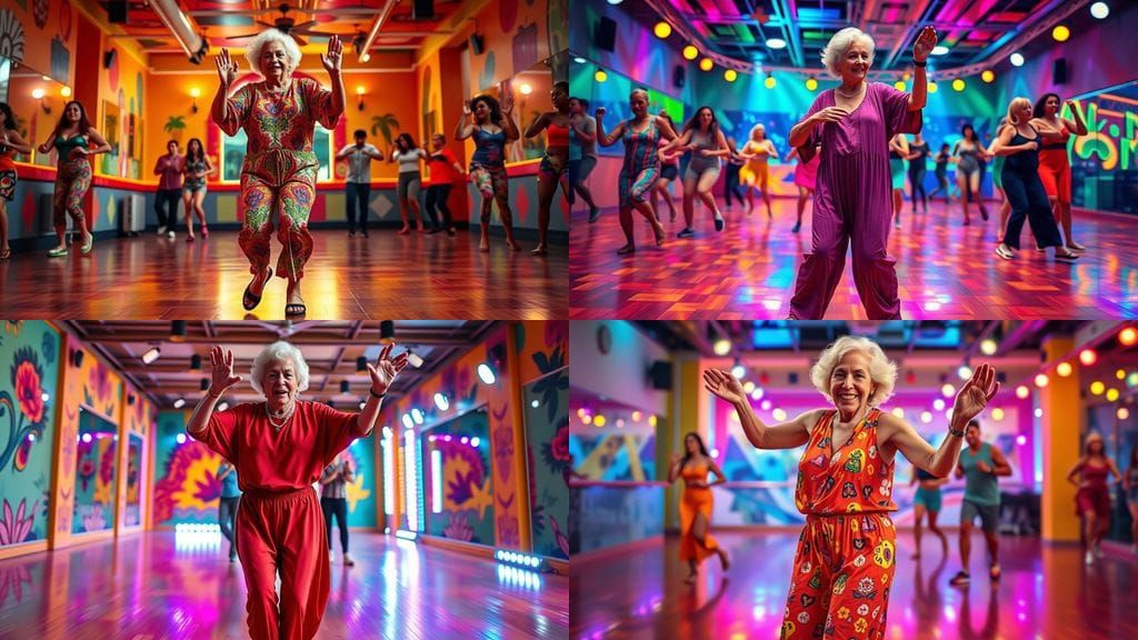 Energetic Elderly Woman in Zumba Dance, Latin Art Style
