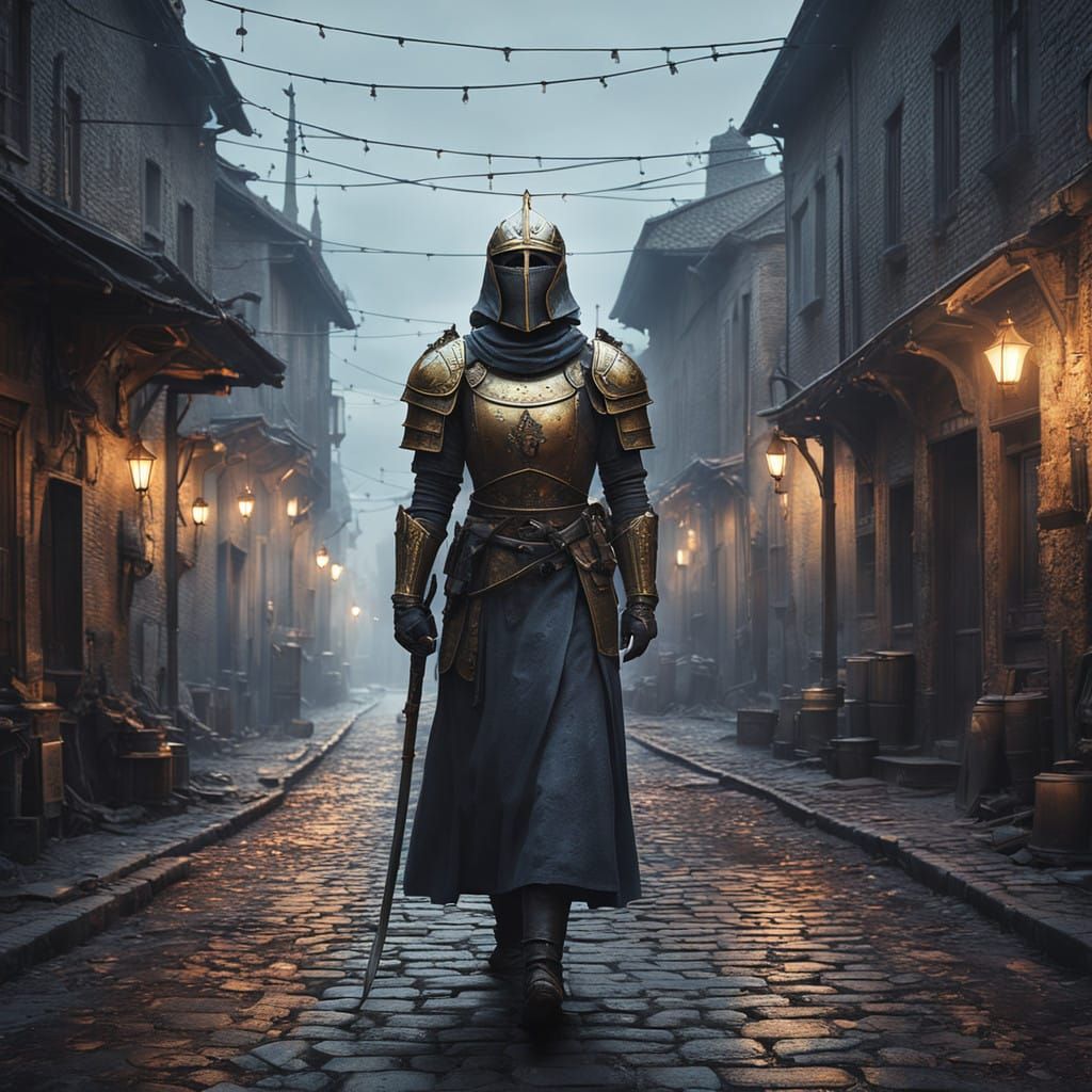 Surreal Female Knight Emerges from Dark, Cobblestone Street