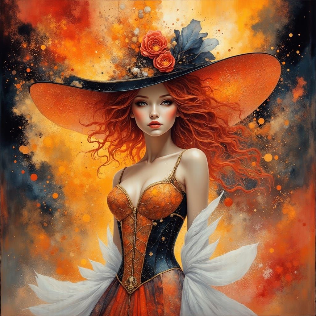 Elegant Futuristic Lady in White with Flaming Red Hair
