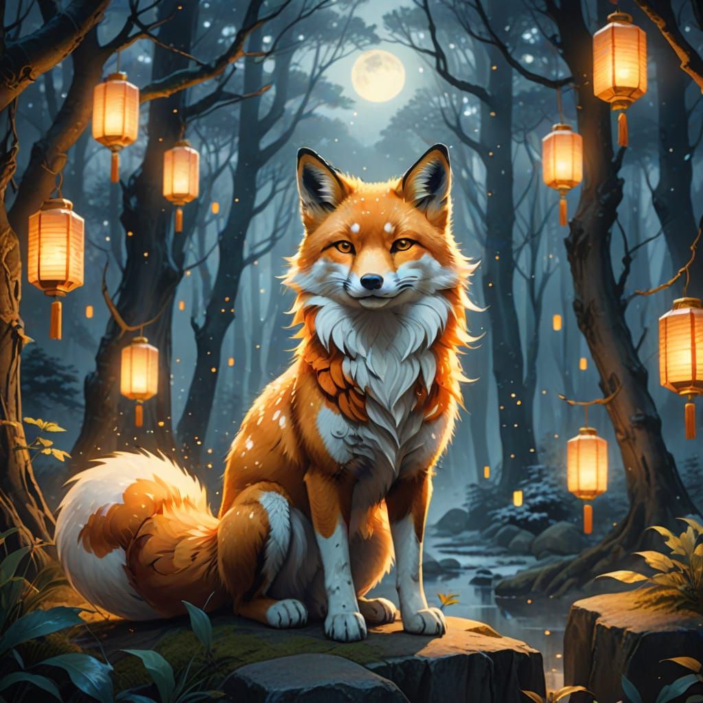 Kitsune in Japanese Forest: Watercolor Fantasy