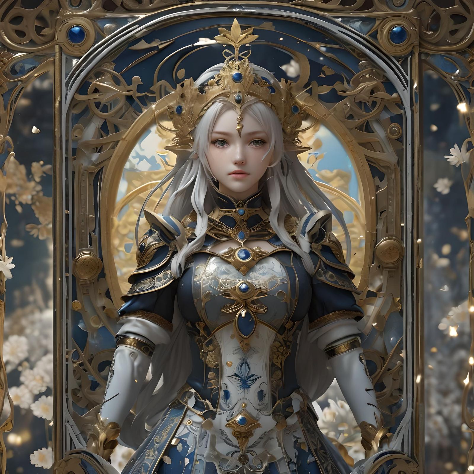 Anime Girl Tarot Card in Blue and Gold