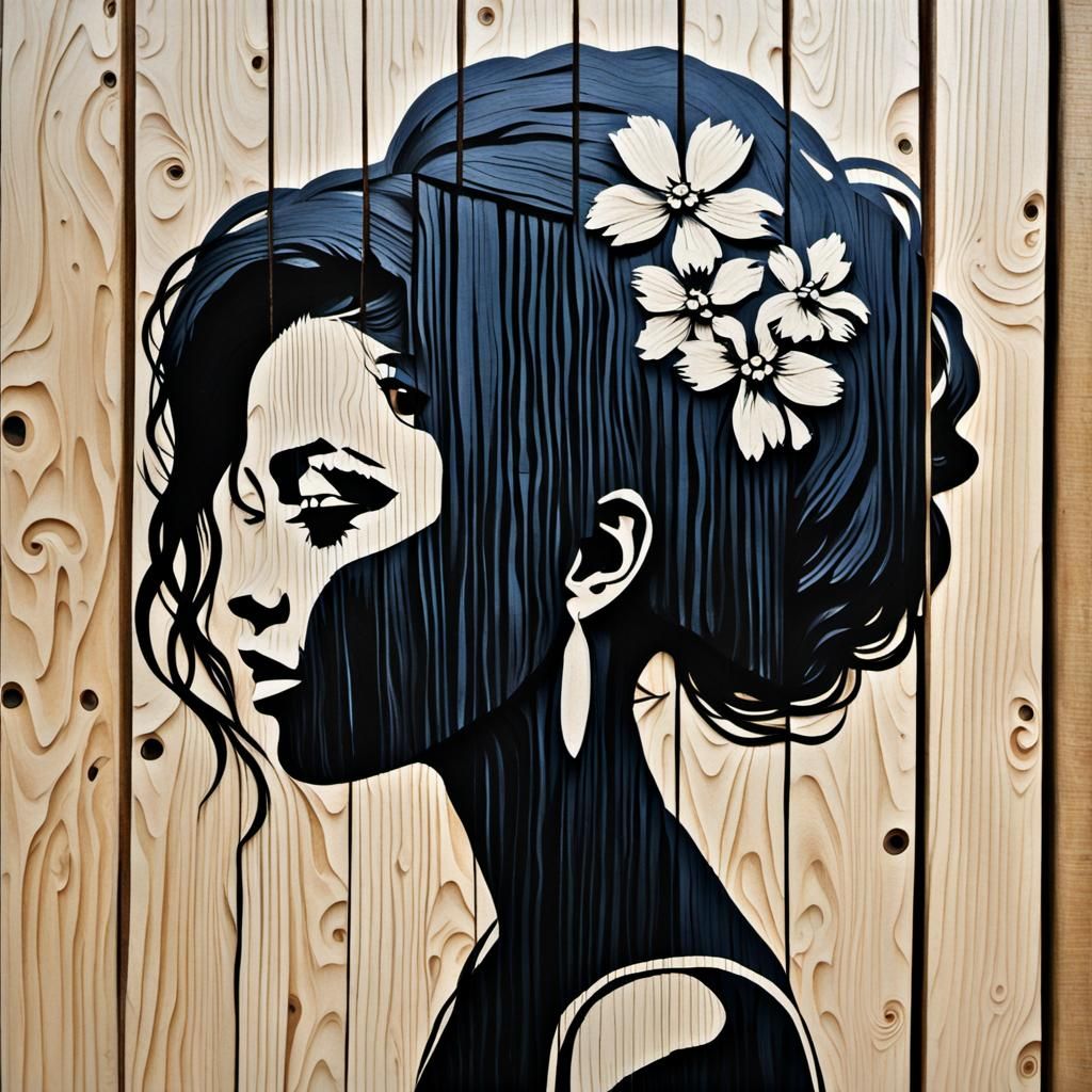 Impasto silhouette of a ska girl on woodcut planks