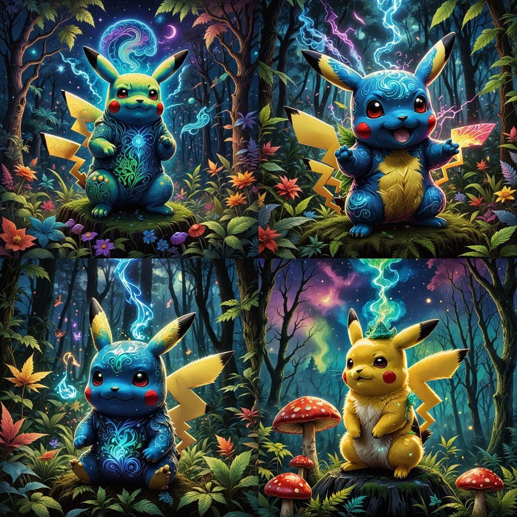 Electric Blue Pikachu in Vibrant Cosmic Forest