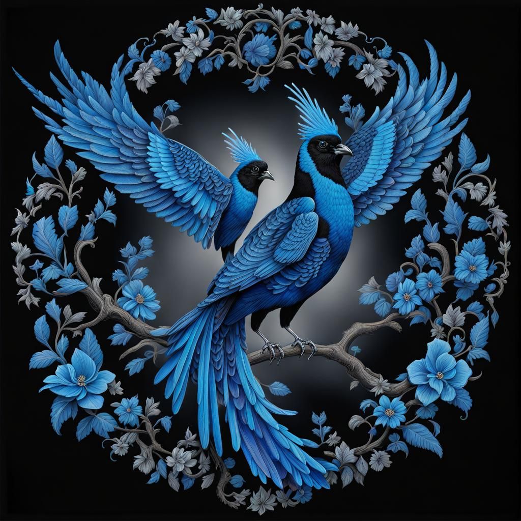 Blacklit Blue Birds Ballet in Ornate Needlepoint