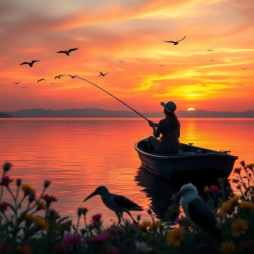Fisherwoman at Sunset: Tranquil Scene in 8K