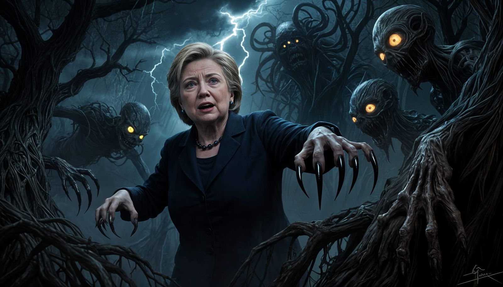 Gothic Horror Scene with Mutants and Clawed Hands