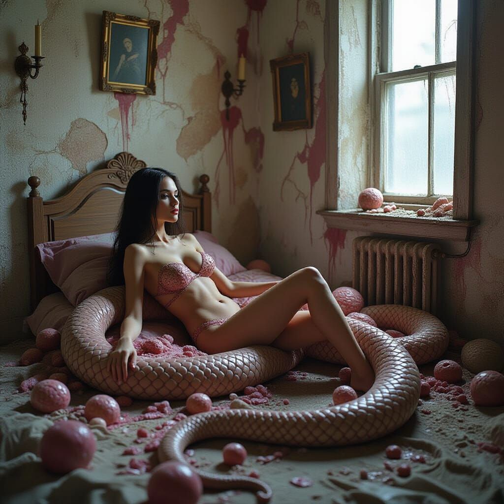 Surreal Serpent Woman in Decaying Dystopian Bedroom