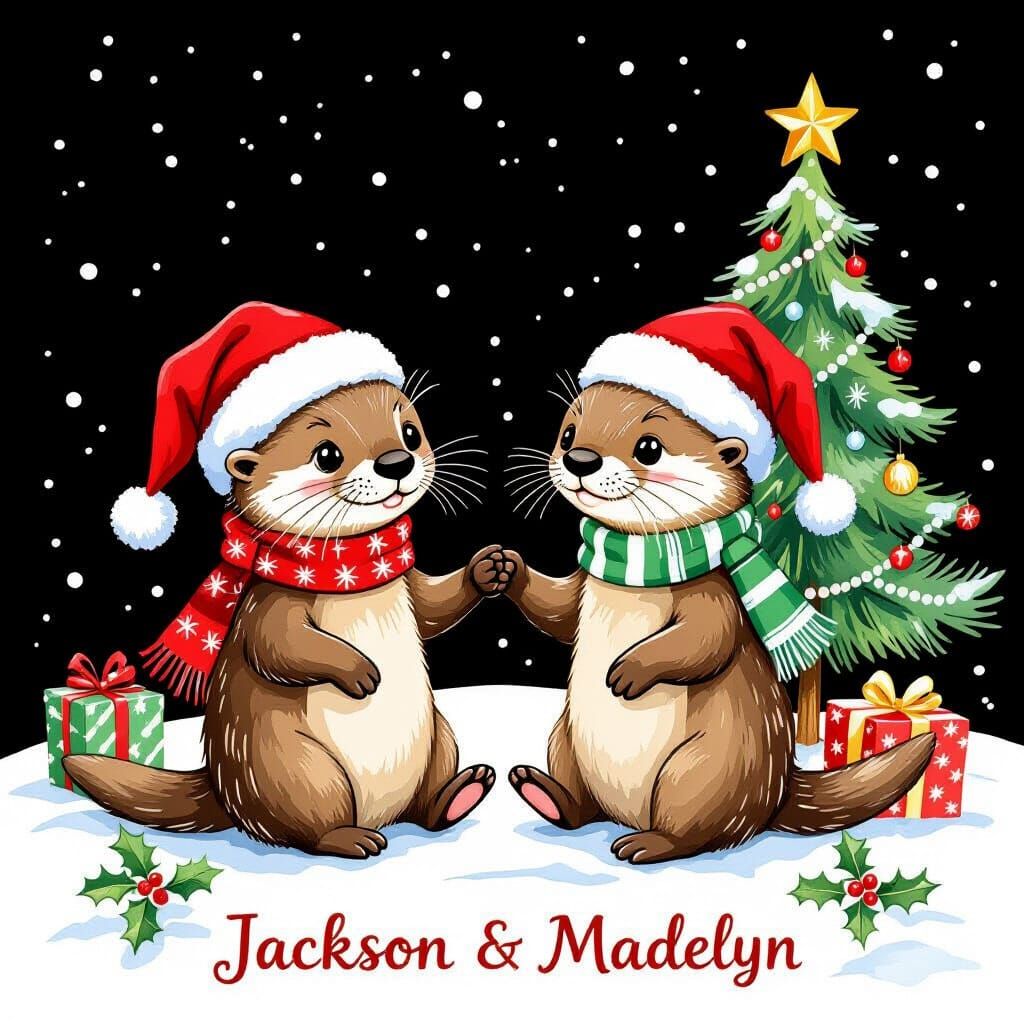 Christmas Otters in Watercolor Style on Black